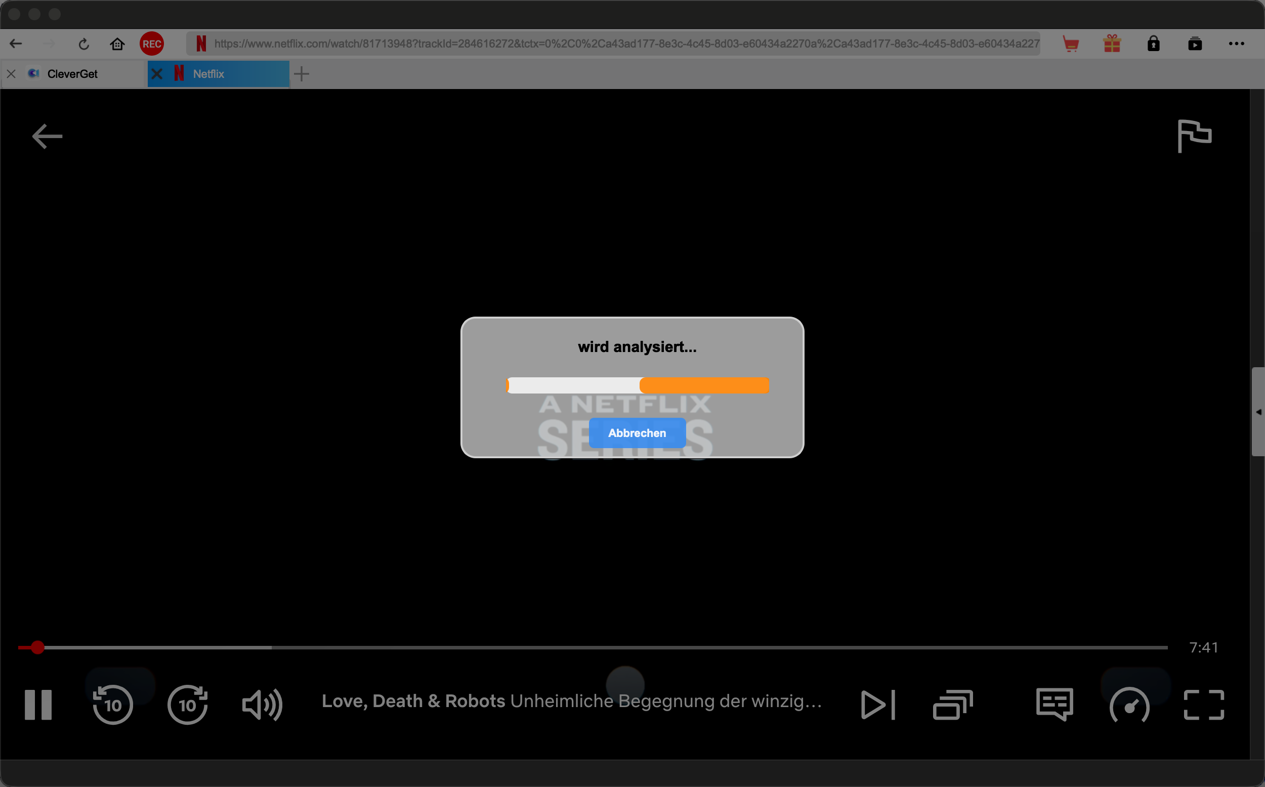 CleverGet analysiert den Netflix-Stream automatisch – Fortschrittsdialog beim Einlesen der Episode