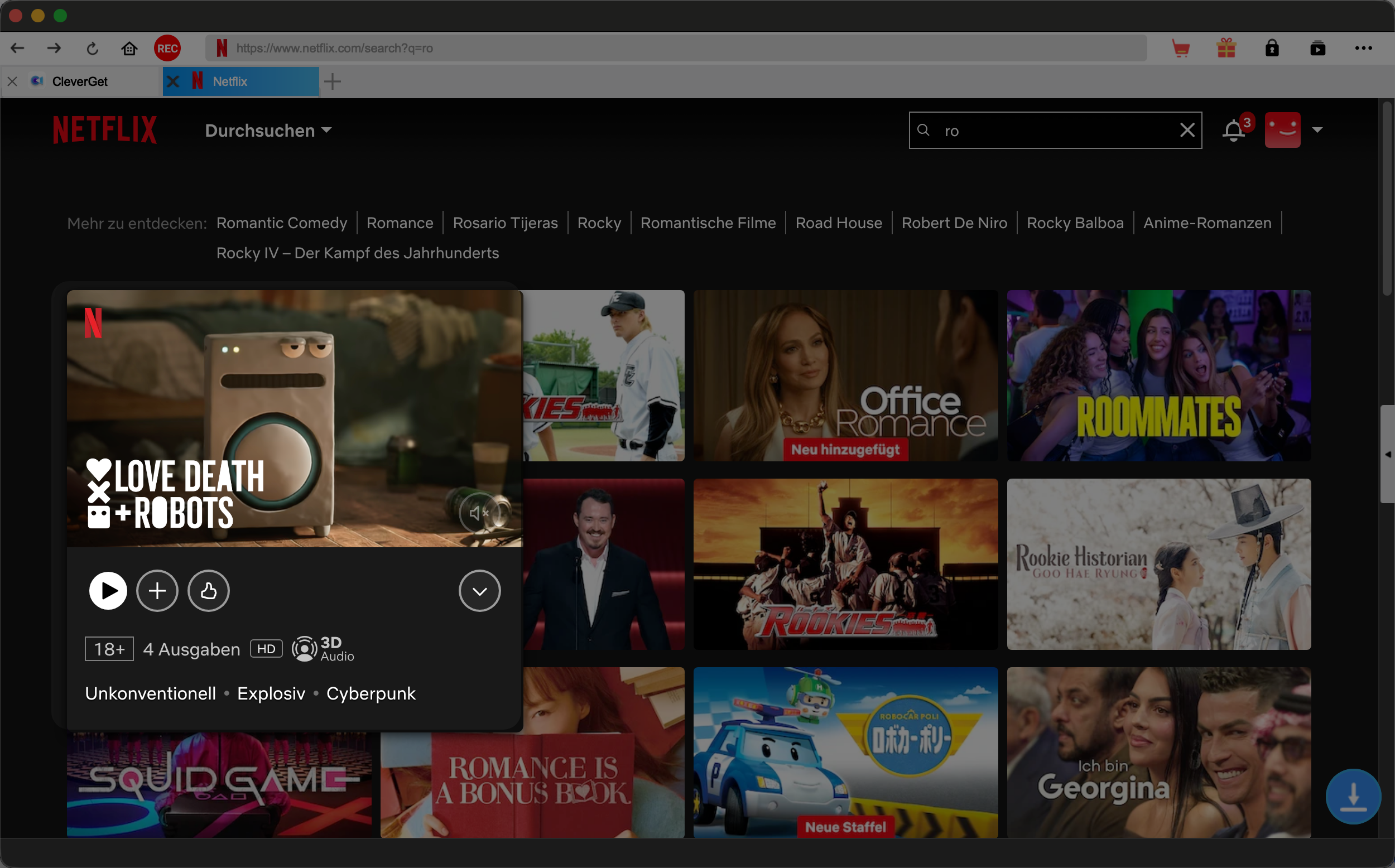 CleverGet Netflix Downloader – integrierter Browser mit der Netflix-Startseite, Love, Death & Robots ausgewählt