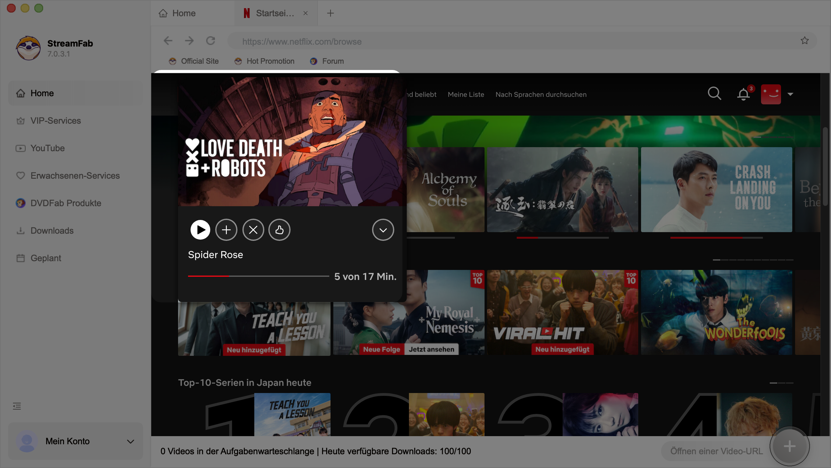 StreamFab Netflix Downloader – integrierter Browser mit Love, Death & Robots, Episode Spider Rose wird erkannt