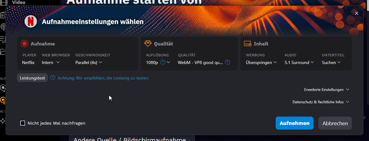 Audials One Aufnahmeeinstellungen-Dialog: 1080p, WebM VP8, 5.1 Surround, Parallel 4-fach