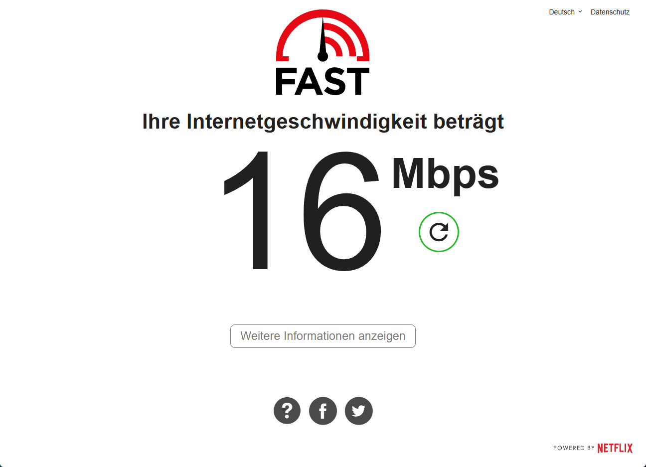 Netzwerkgeschwindigkeit per fast.com verifiziert: 16 Mbit/s während des Audials-Tests