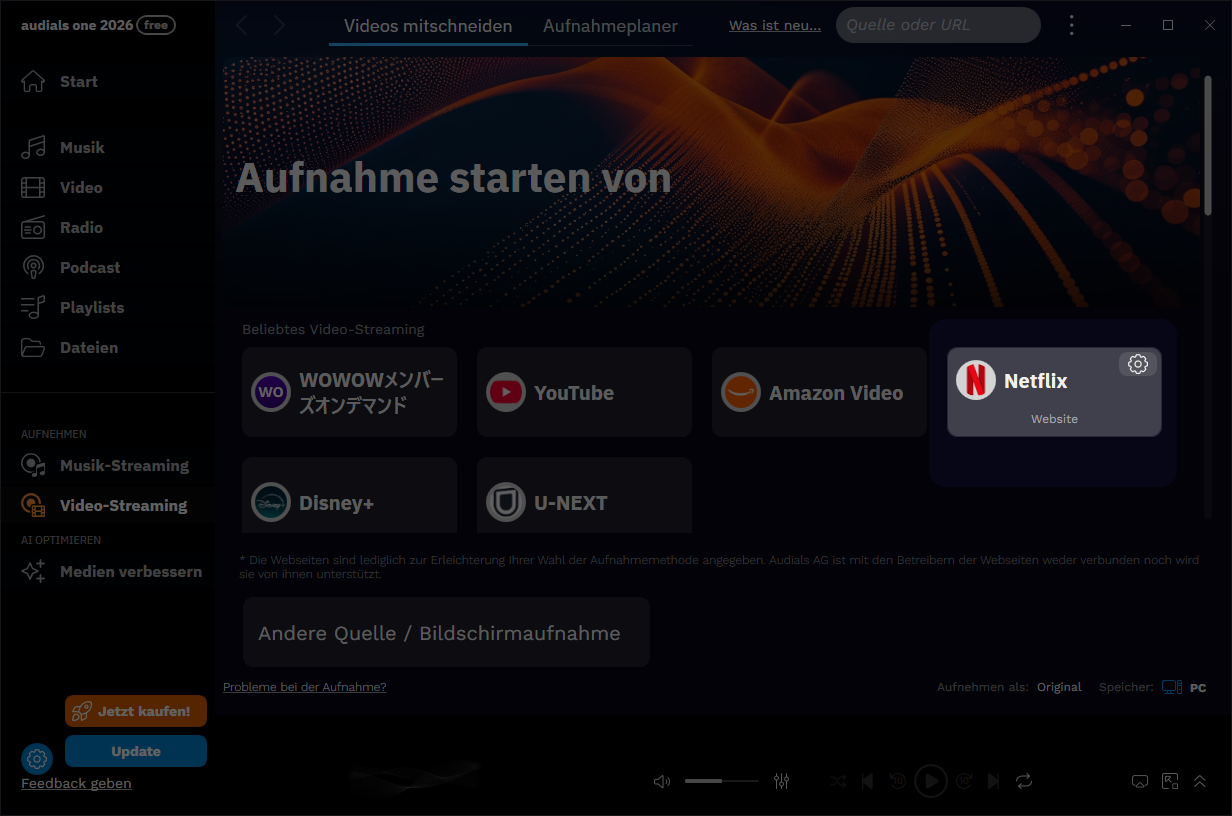 Audials One Plattformraster zur Aufnahmequelle-Auswahl mit hervorgehobenem Netflix-Feld
