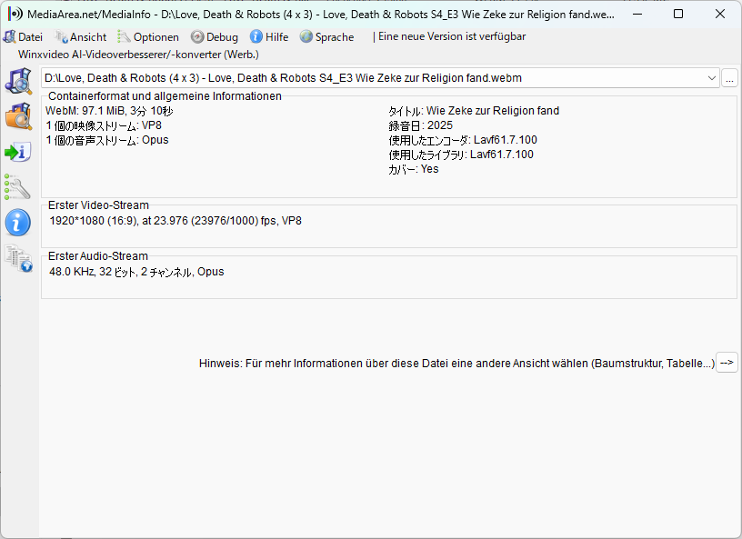 MediaInfo zeigt die aufgenommene Audials-Datei: WebM, Video VP8 1920x1080 23,976fps, Audio Opus 2-Kanal 48kHz Stereo