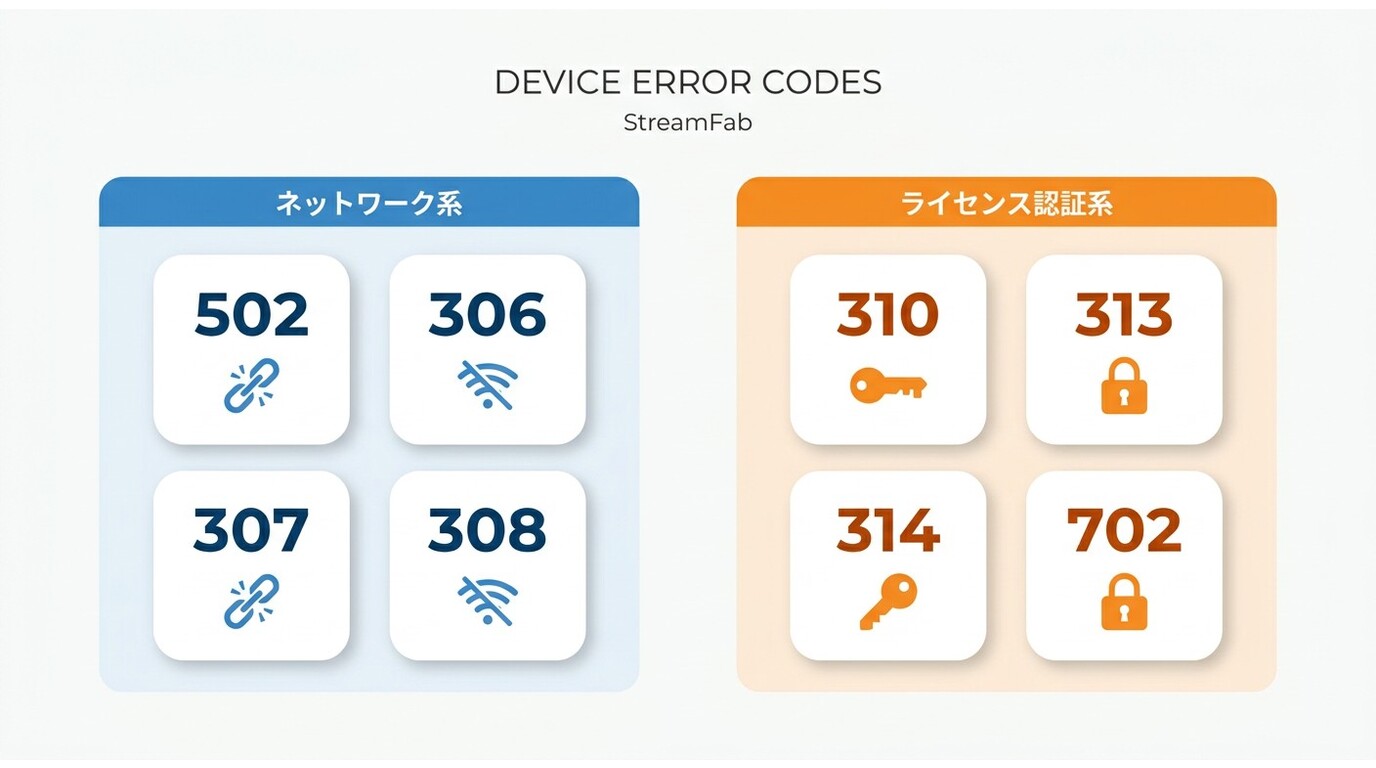 StreamFabエラーコード分類:ネットワーク系(502/306/307/308)とライセンス認証系(310/313/314/702)の原因と対処法