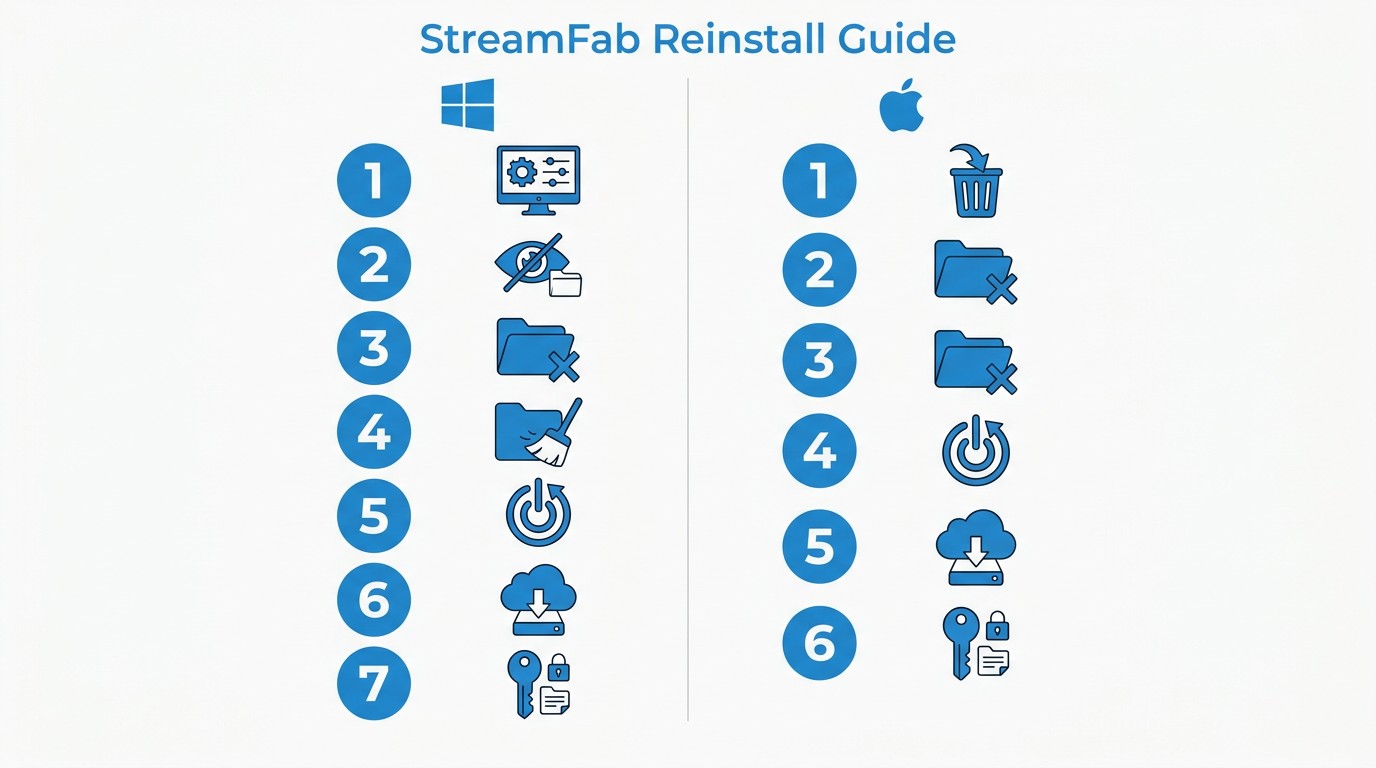 StreamFab完全再インストール手順:WindowsはAppData/DVDFab削除含む7ステップ、MacはLibrary/StreamFab削除含む6ステップ