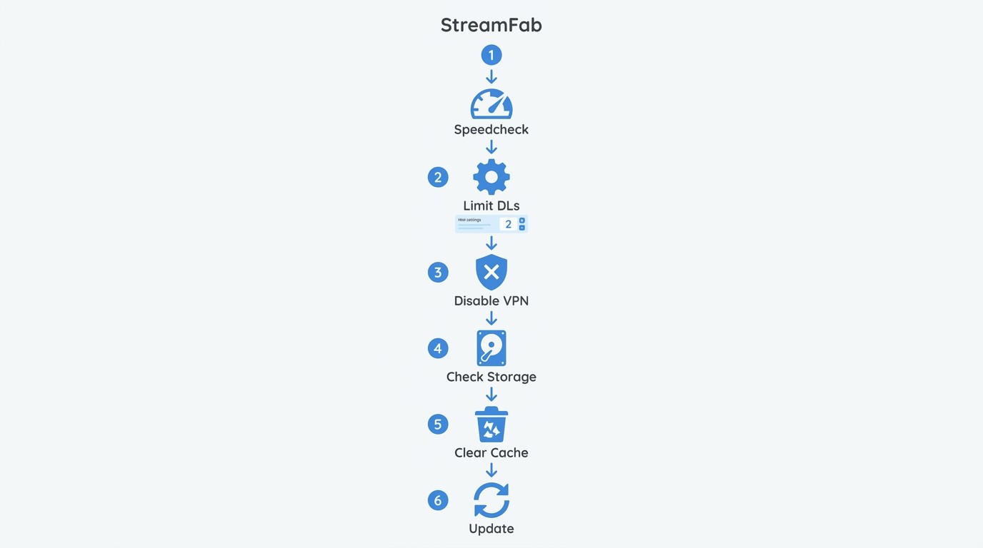 StreamFabダウンロード速度トラブル:回線確認・同時数削減・VPN無効化・ストレージ確認・キャッシュクリア・更新の6ステップ