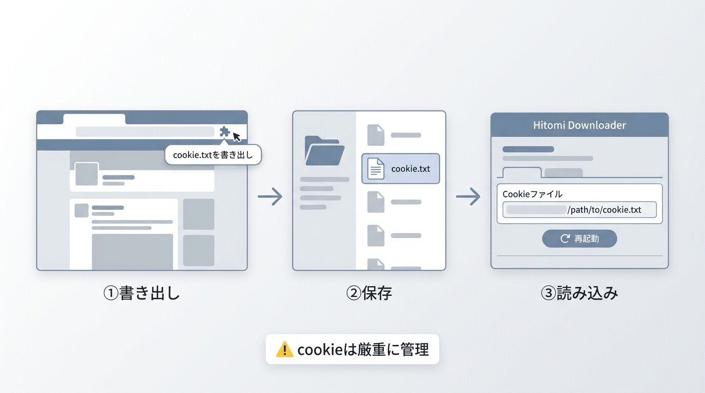 X（Twitter）のcookieをGet cookies.txt LOCALLYで書き出しHitomi Downloaderに読み込ませる3ステップ