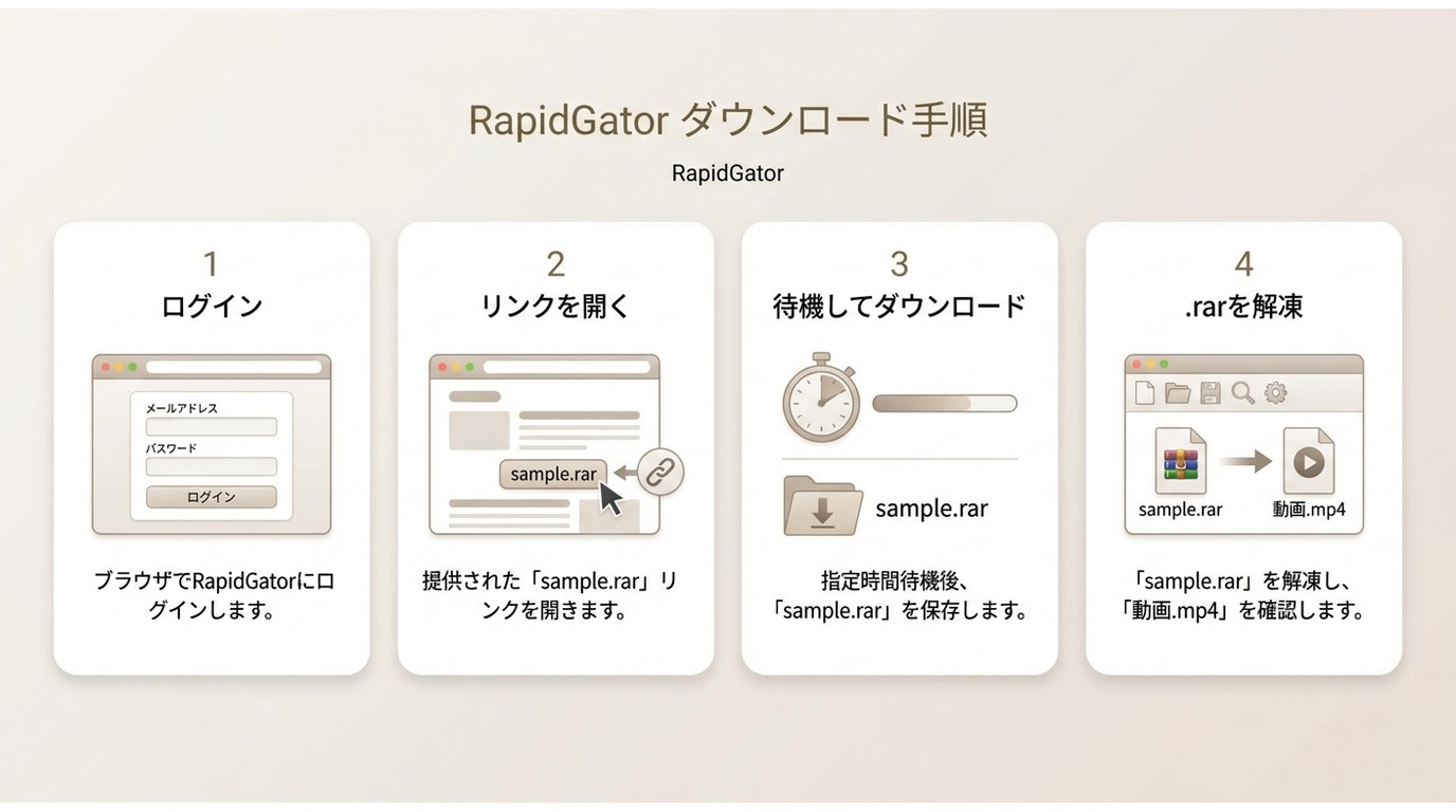 RapidGatorでリンクを開き、保存後に.rarを解凍してMP4を開く流れ