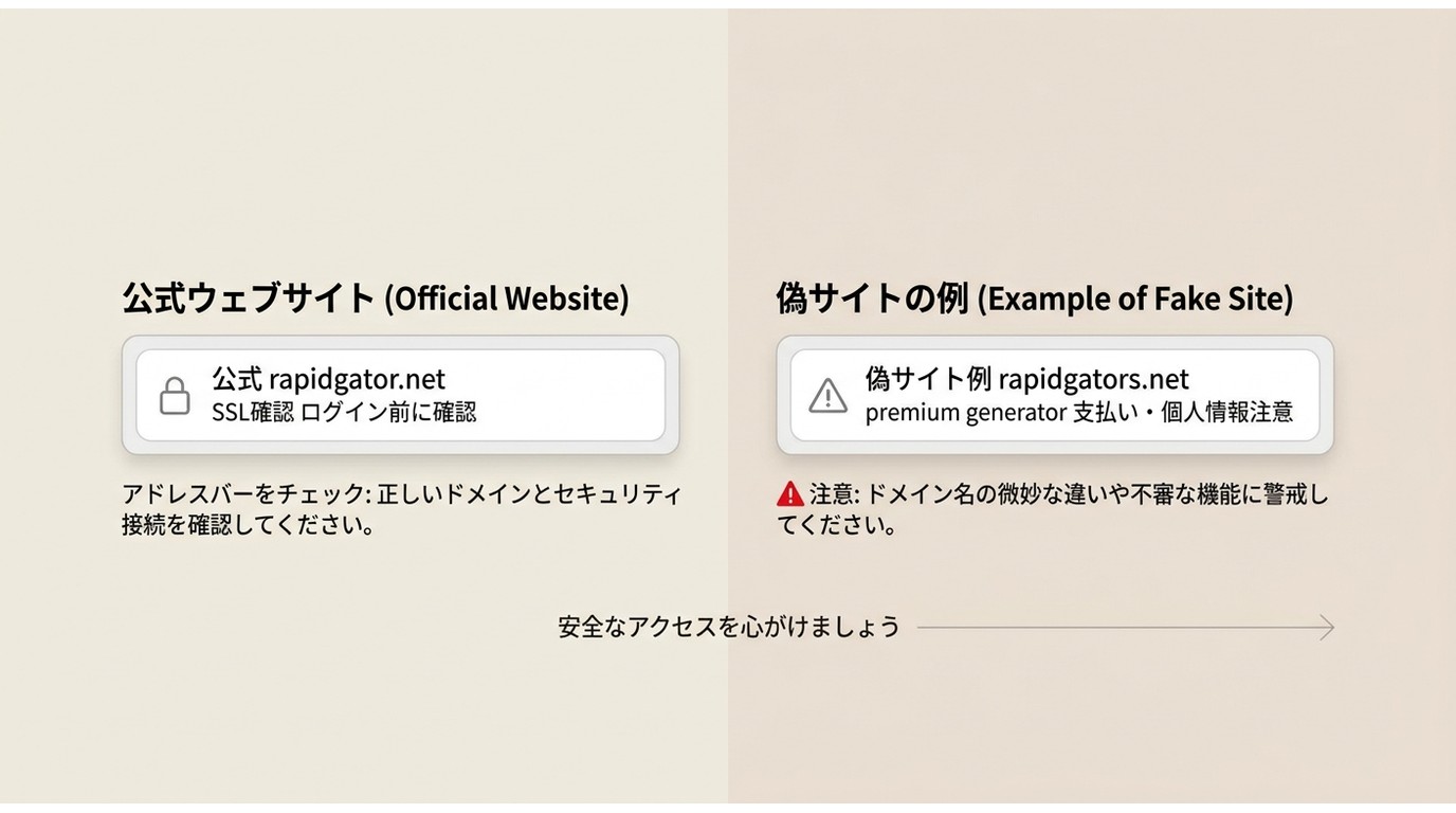 RapidGator公式ドメインと偽サイト、premium generator詐欺の見分け方