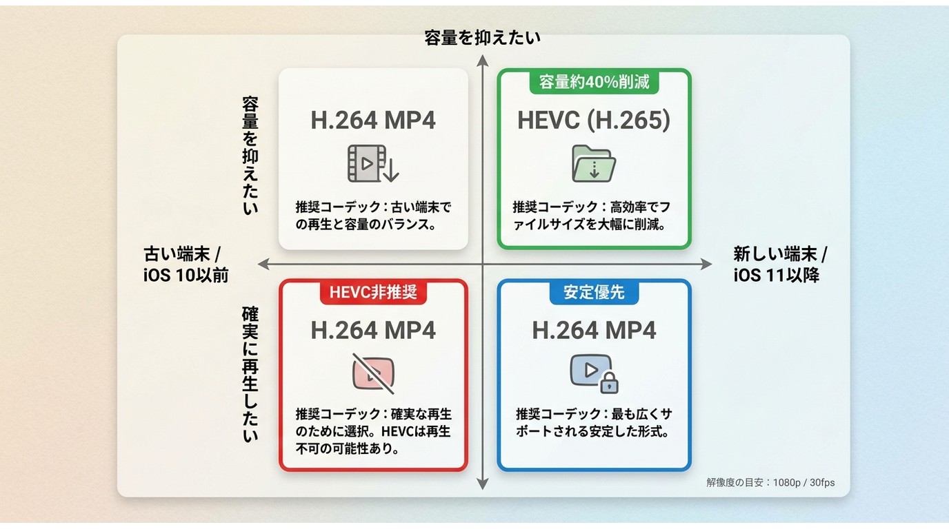 iPhoneのH.264とHEVC選び方：端末世代と優先事項（容量vs安定性）で判断する2×2マトリクス