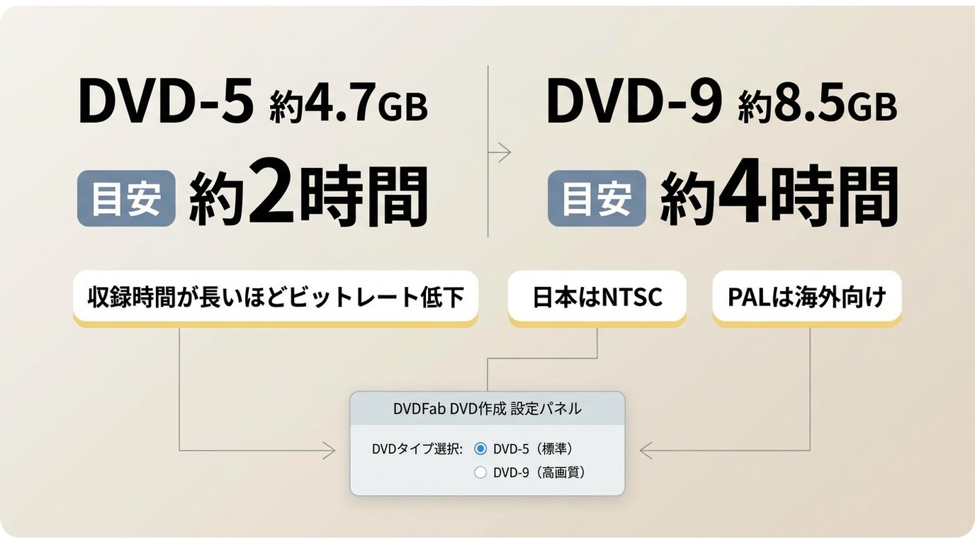 DVD-5とDVD-9の容量、収録時間、NTSC設定の目安