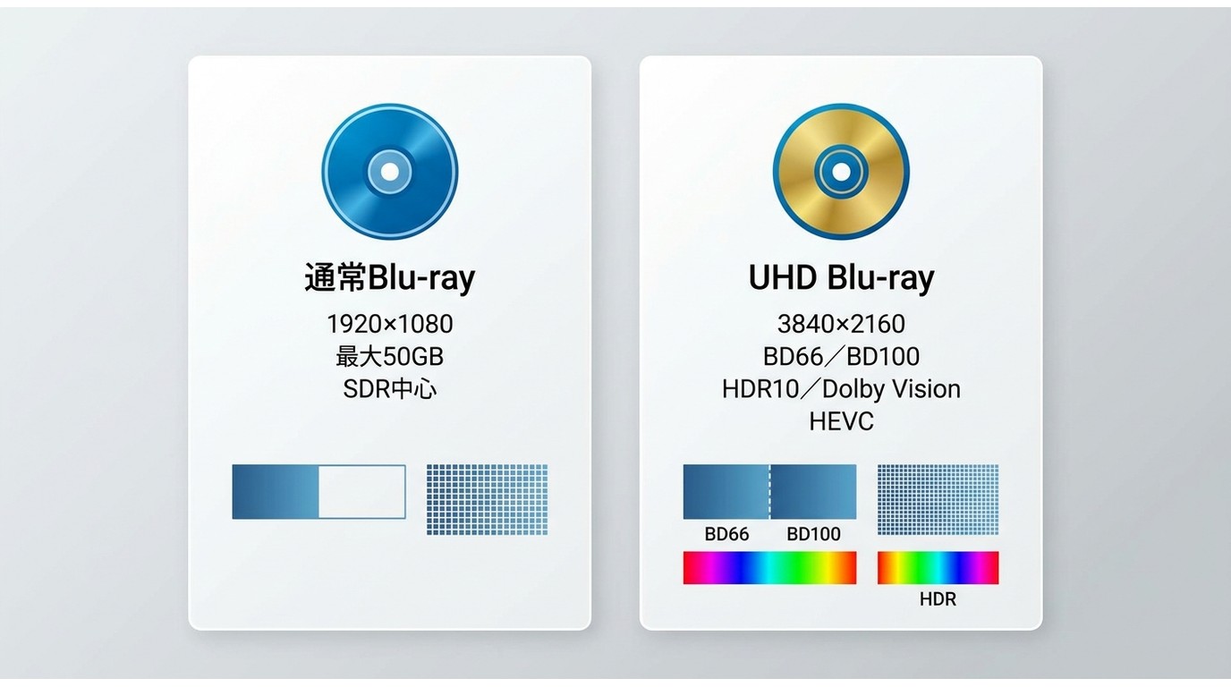 通常Blu-rayとUHD Blu-rayの解像度、容量、HDR、圧縮方式の違い