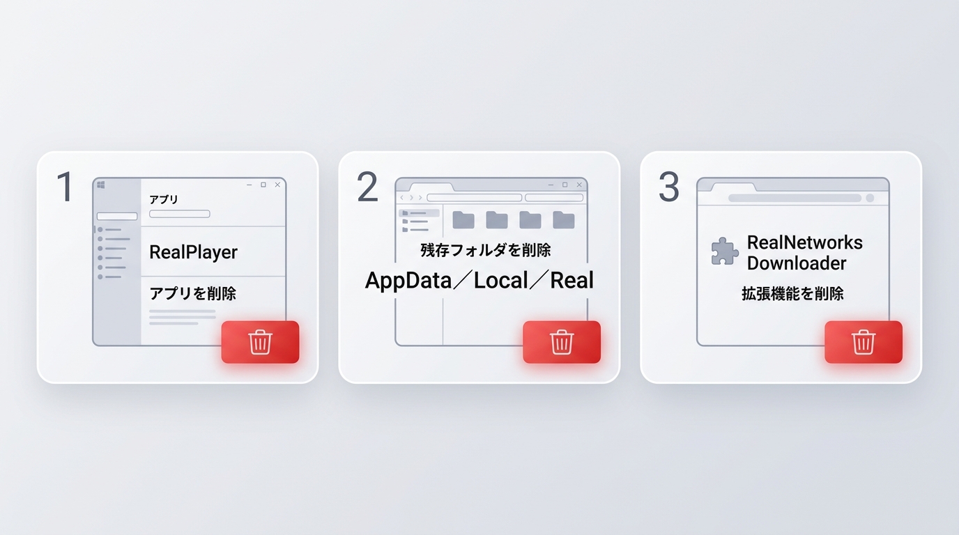 WindowsとChromeからRealPlayer本体、残存フォルダ、拡張機能を削除する手順