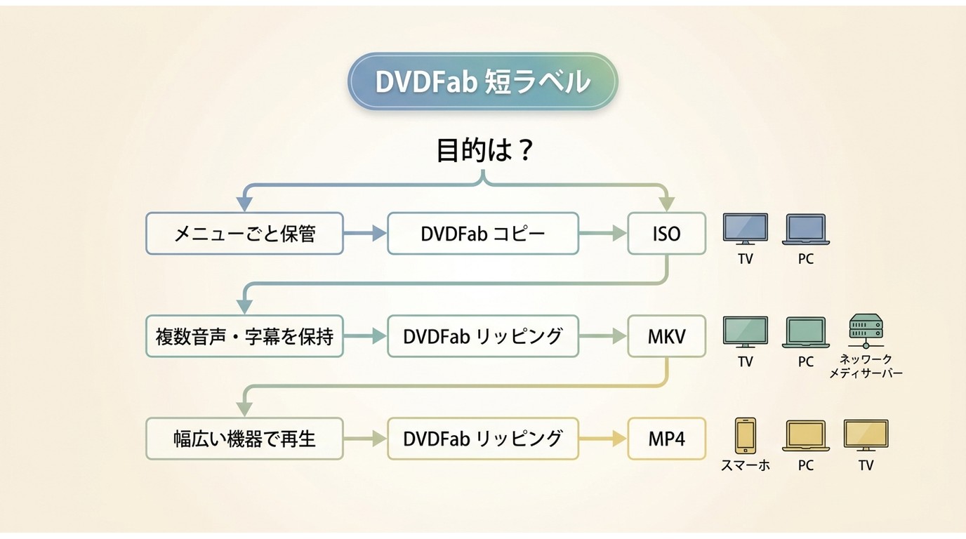 DVDFabでISO・MKV・MP4を再生目的別に選ぶ判断フロー