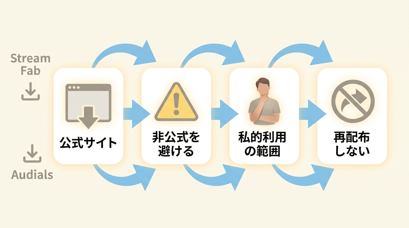 AudialsとStreamFabの公式入手先と個人視聴・再配布禁止の注意点
