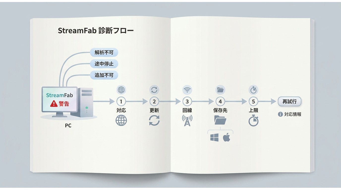 StreamFabの解析失敗や保存停止を対応状況、更新、回線、保存先の順に確認する流れ