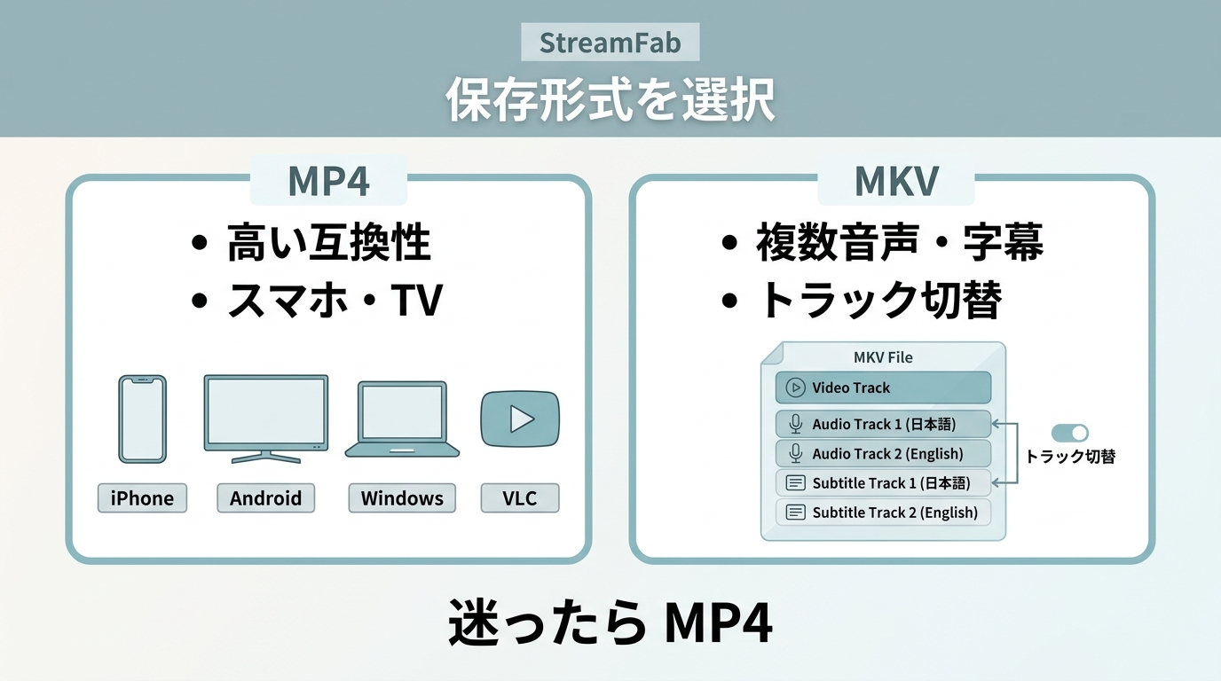 StreamFabで選べるMP4の互換性とMKVの複数音声・字幕保持の違い