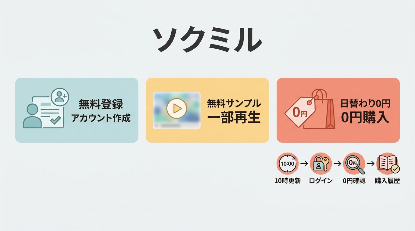 ソクミルの無料登録・無料サンプル・日替わり0円動画の違いと取得手順