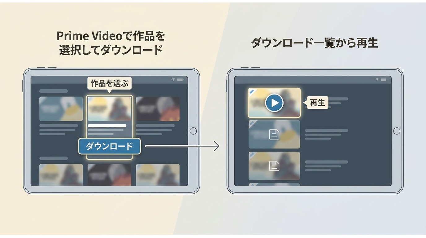 Prime Videoアプリで作品を選び、ダウンロード一覧から再生する流れ