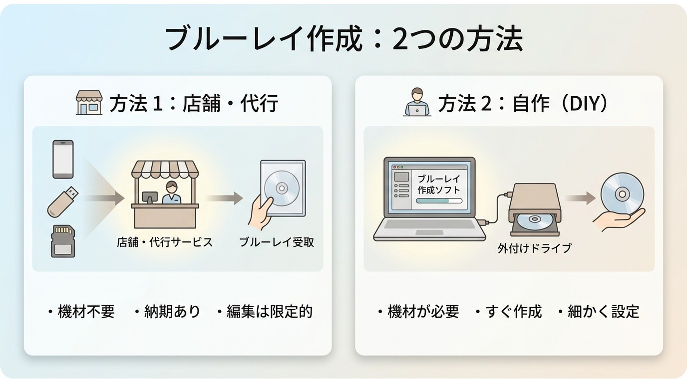 店舗・代行サービスとパソコンでのBlu-ray作成を比較するイメージ