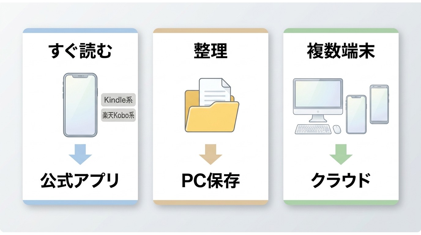読む目的に応じて公式アプリ、PC、クラウドを選ぶ判断フロー