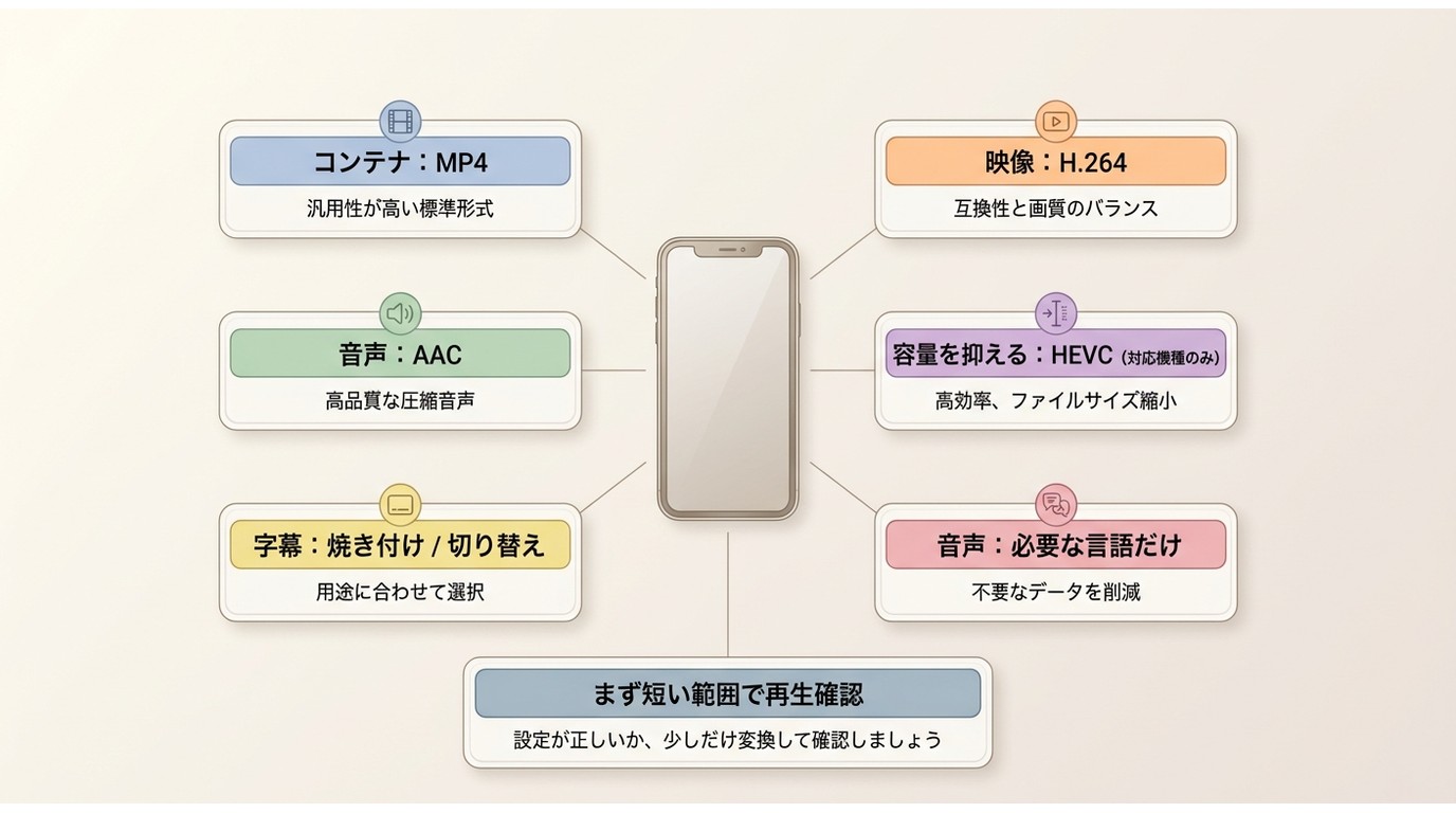 iPhone向けのMP4・H.264・AACと字幕設定の目安
