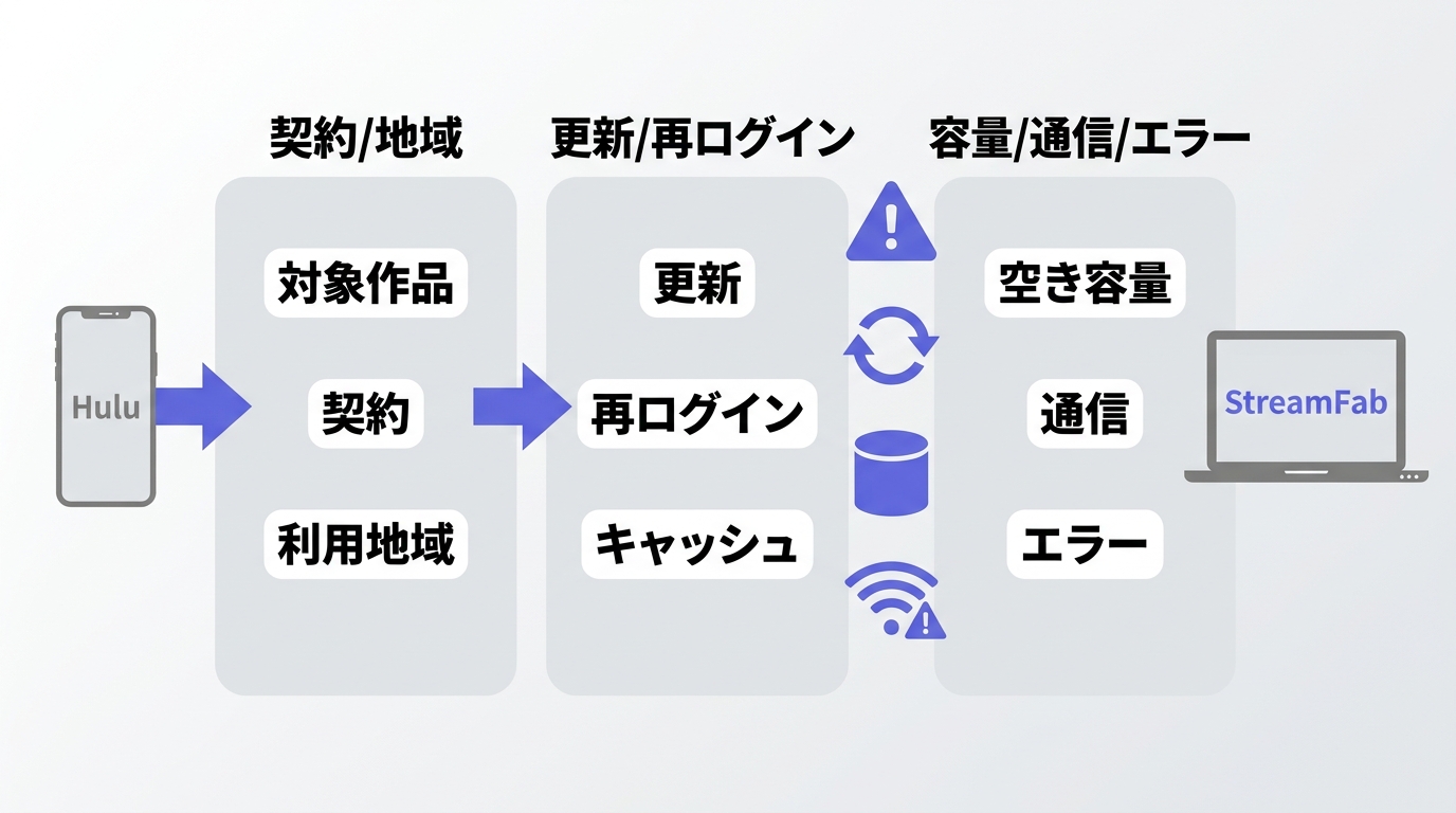 Hulu保存できない時に確認する項目を順番で示したフロー