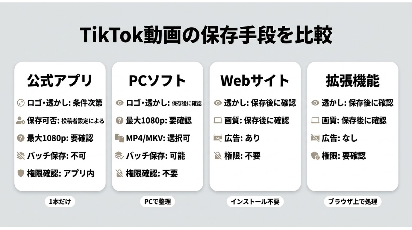 TikTok公式・StreamFab・ブラウザサイト・Chrome拡張の保存手段の違い