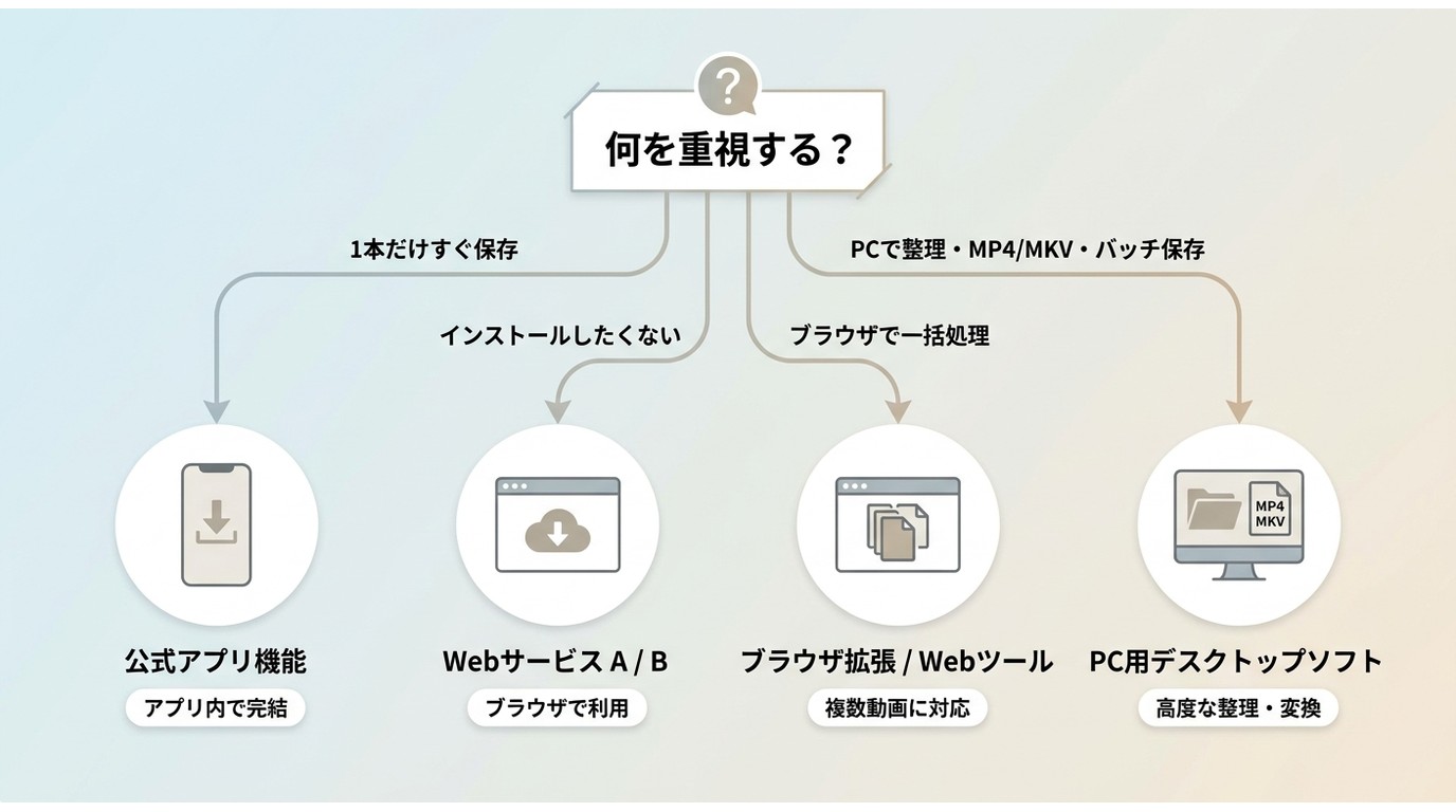 用途別にTikTok公式・StreamFab・ブラウザサイト・拡張機能を選ぶ分岐