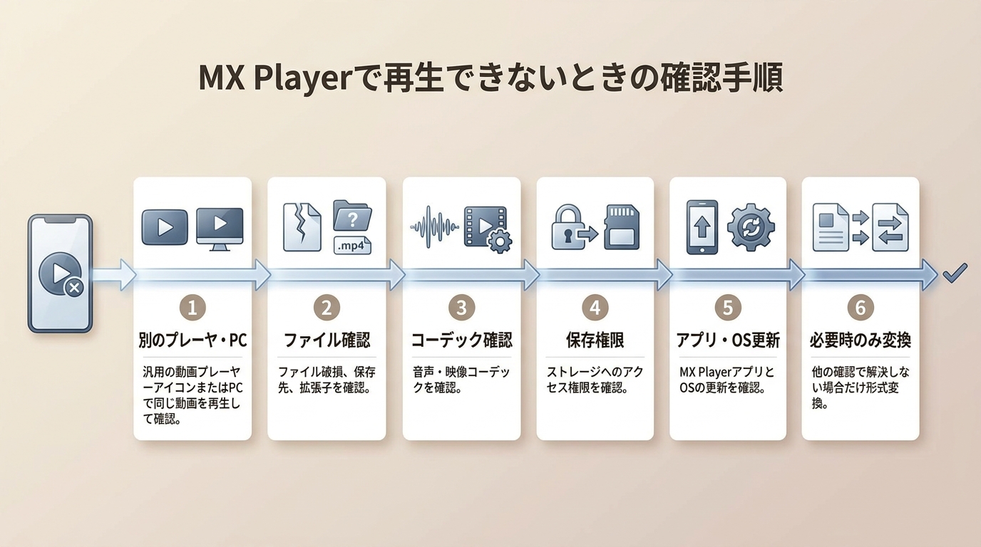 MX Playerで再生できないときの確認順。ファイル、権限、コーデック、端末設定を切り分ける