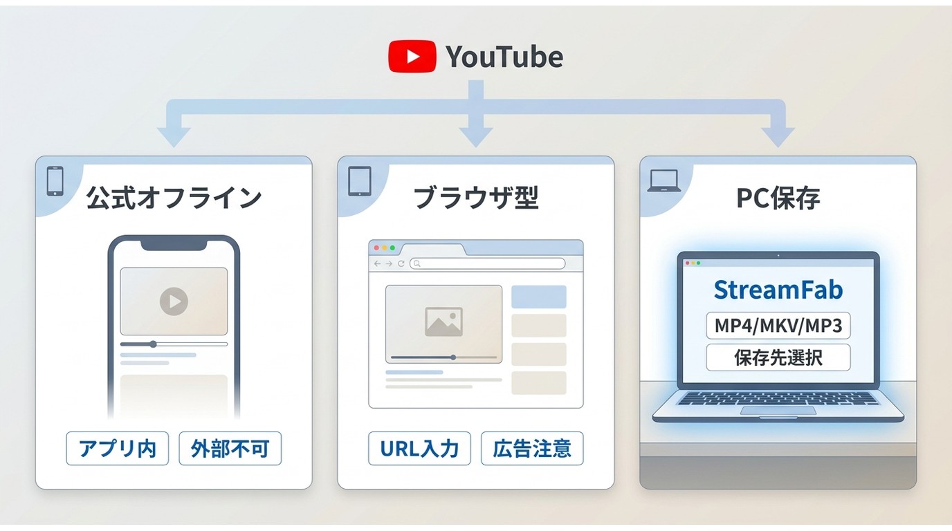 YouTube動画の公式オフライン、オンラインサイト、PC保存の違い