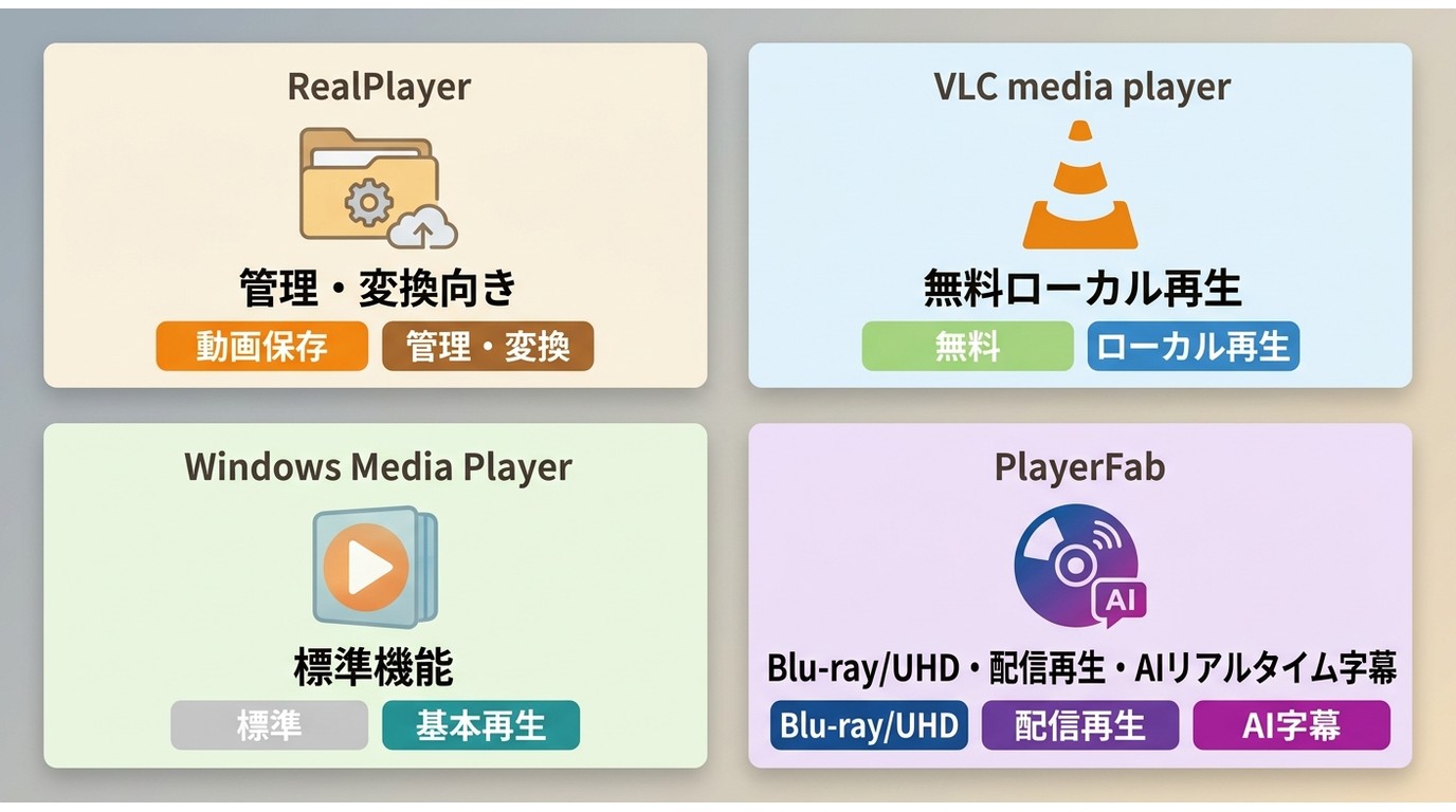 RealPlayer、VLC、Windows Media Player、PlayerFabの用途の違い