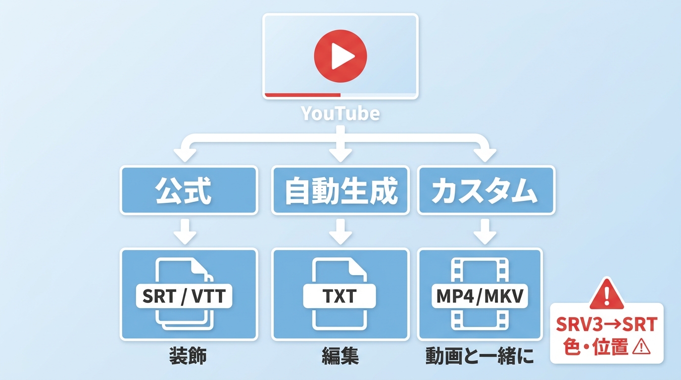 YouTube字幕の種類と保存形式の違い
