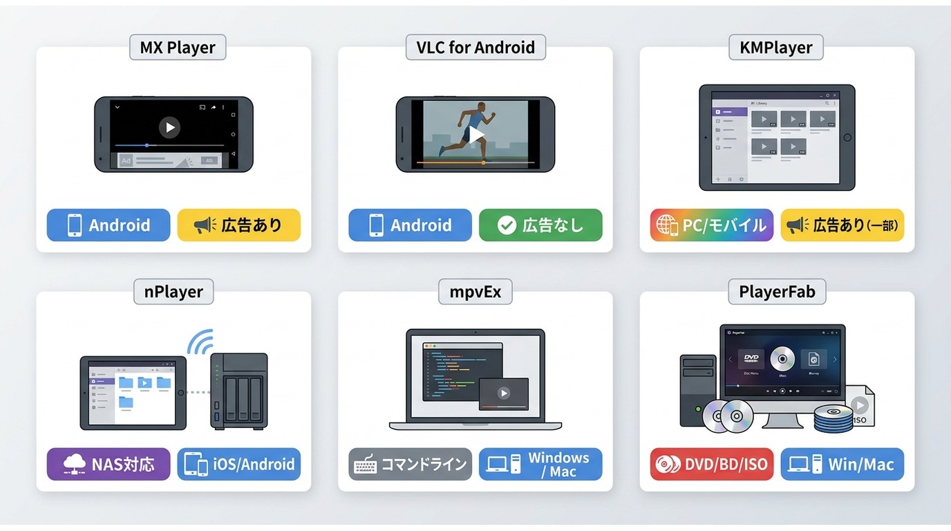 MX PlayerとAndroid代替アプリ、PC向けPlayerFabの対応範囲を比較する図