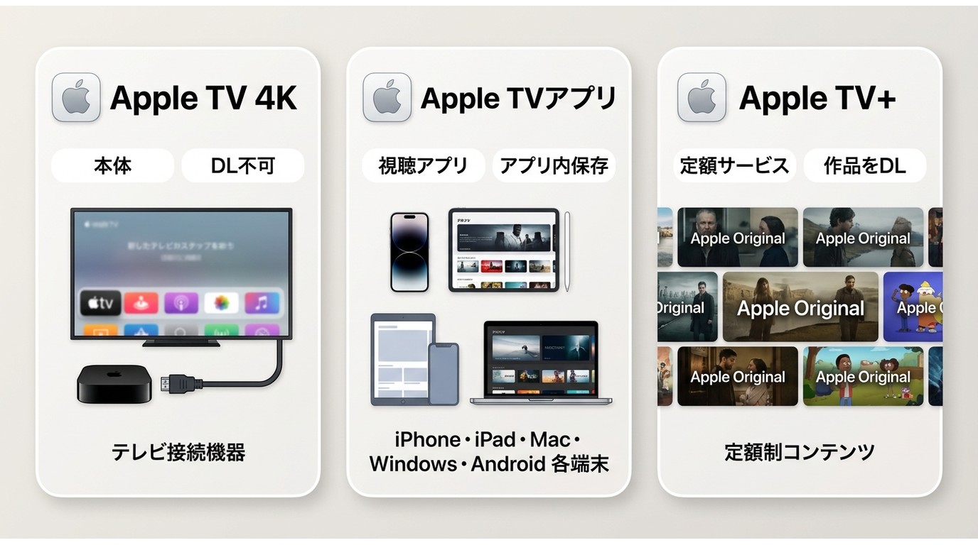 Apple TV本体・Apple TVアプリ・Apple TV+の違いとダウンロード可否の整理