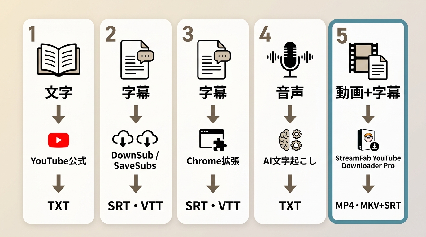 YouTube字幕保存の5つのルートとTXT、SRT、VTT、MP4・MKVの選び方