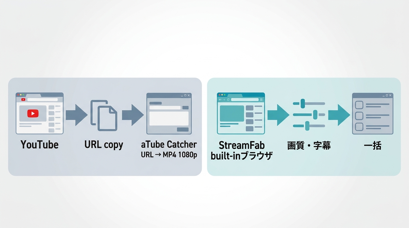 aTube CatcherのURL貼り付け操作とStreamFab内蔵ブラウザ操作の違い