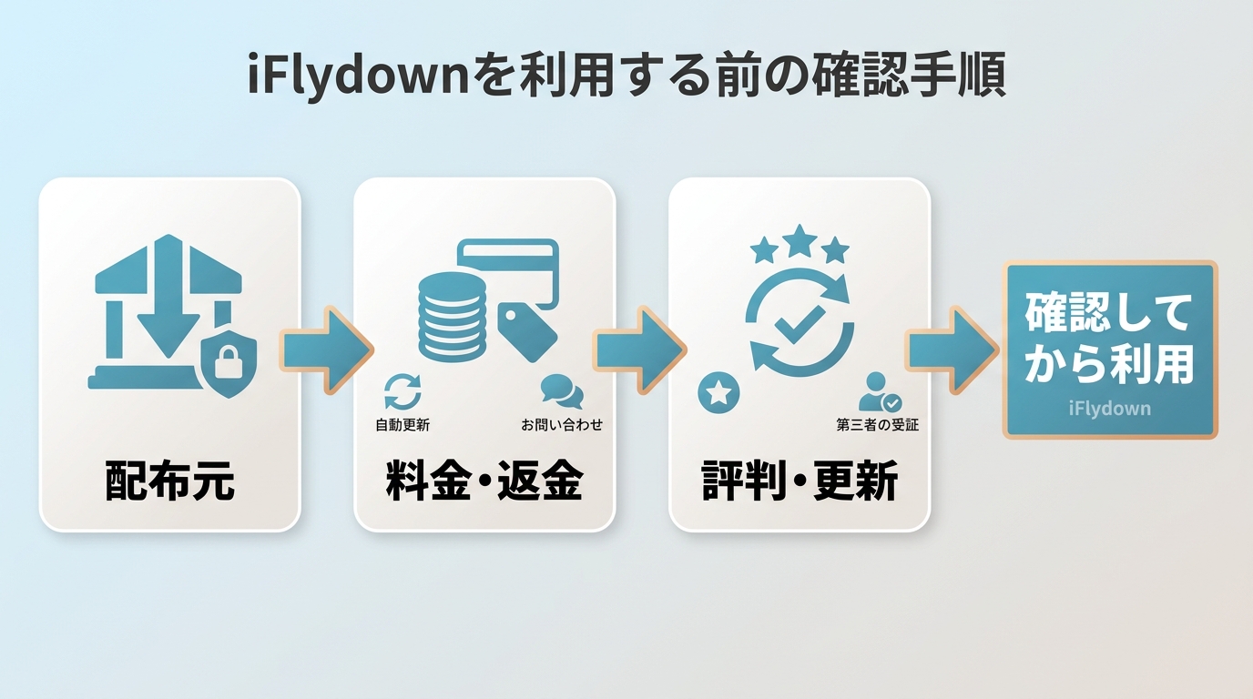 iFlydown利用前に配布元、料金、返金条件、第三者評価を確認する流れ
