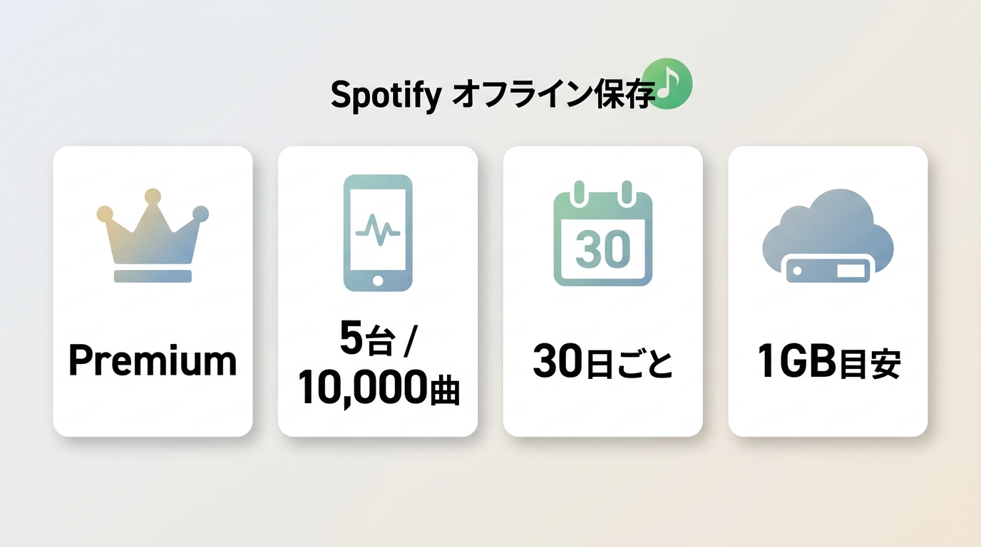 Spotifyオフライン保存に必要なPremium、端末数、接続頻度、空き容量