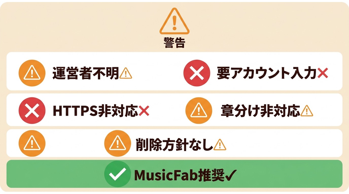 オンライン変換サービスの危険サイン5項目とMusicFab推奨の比較チェックリスト