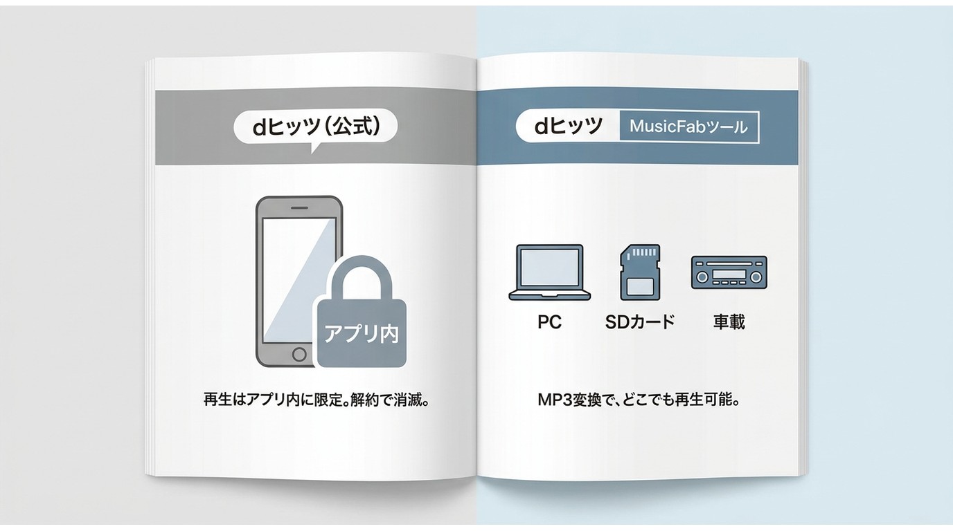 dヒッツ公式キャッシュとMusicFab変換の保存先比較。MusicFabはSDカード・カーオーディオにも対応