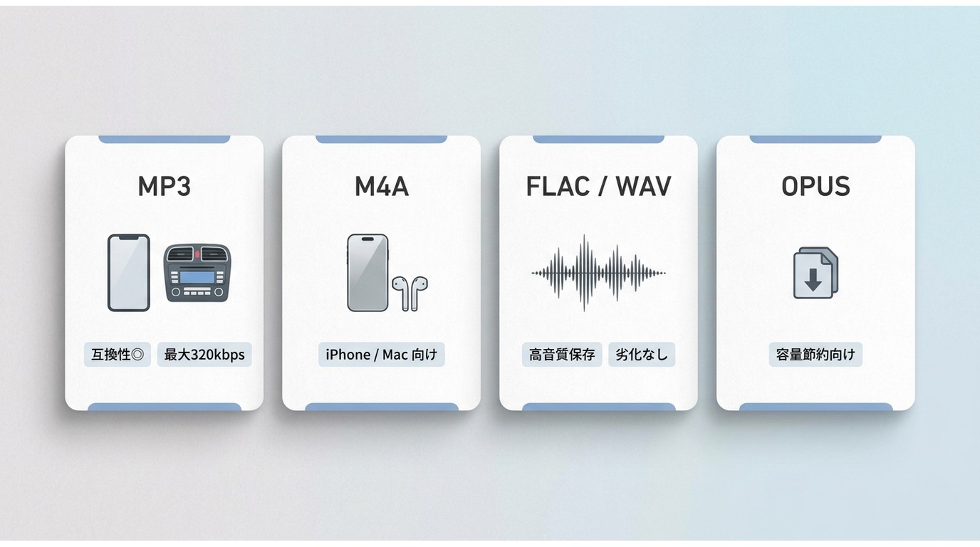 MP3・M4A・FLAC・OPUSの用途別選び方：互換性・Apple向け・高音質・容量節約