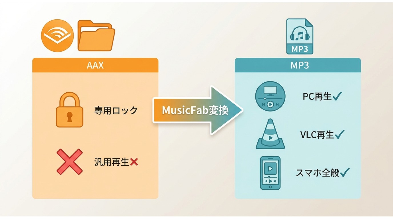 AAX/AAXCは専用アプリ限定、MP3はVLC等で再生可能——MusicFabで変換する流れ