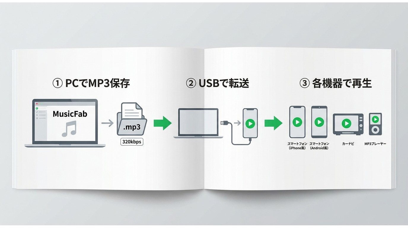 MusicFabでPCにMP3保存→USBでスマホ転送→iPhone・Android・カーナビで再生する3ステップ流れ