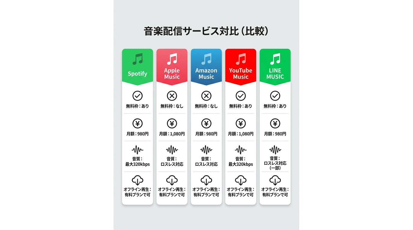 Spotify・Apple Music・Amazon Music・YouTube Music・LINE MUSICの無料枠・月額・音質比較