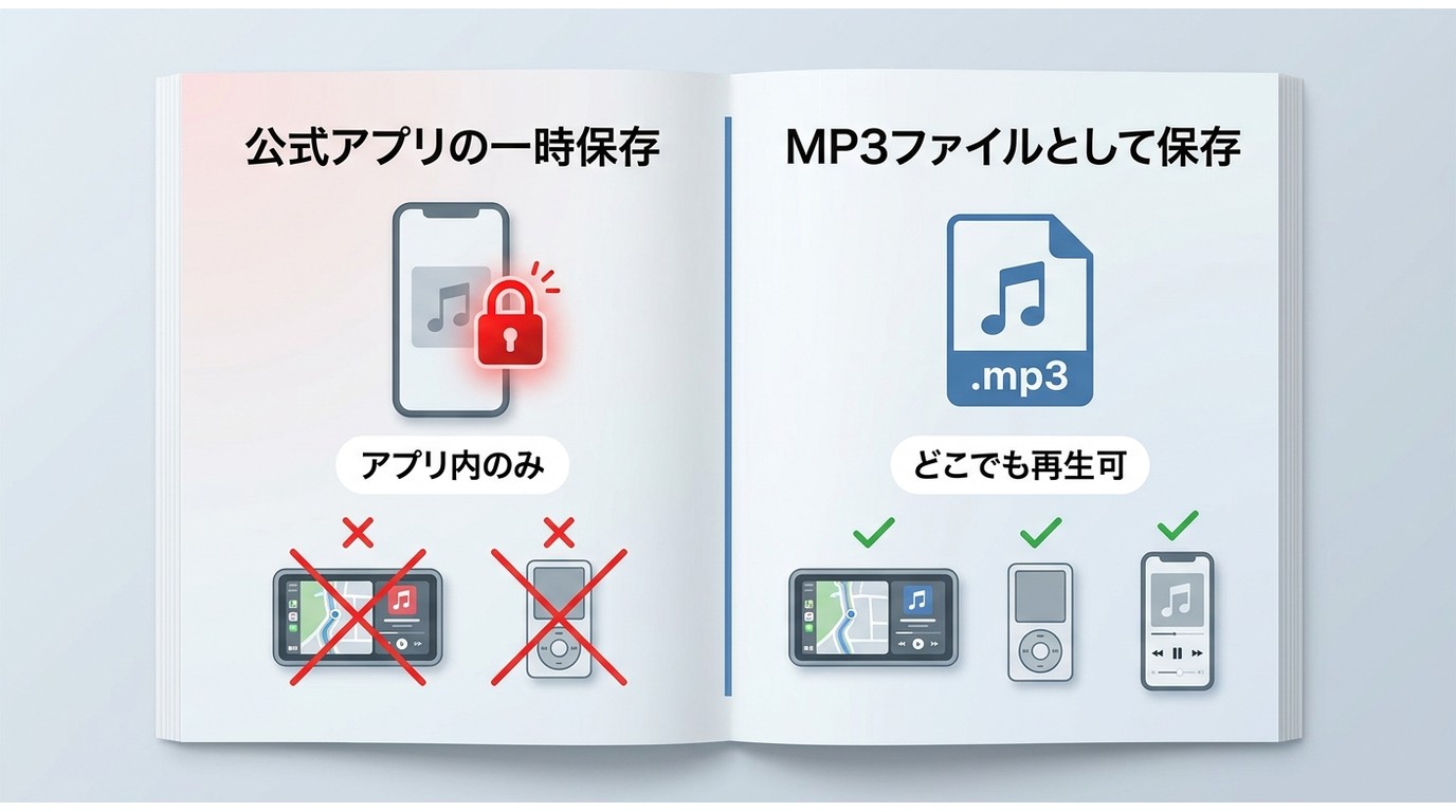YouTube Music公式アプリの一時保存（アプリ外使用不可）と通常MP3ファイル（カーナビ・MP3プレーヤーで使用可）の違い対比