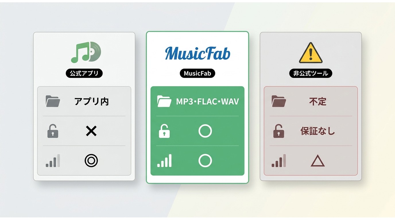 Deezer公式・MusicFab・非公式ツールの対応形式・解約後再生・安定性の3列比較