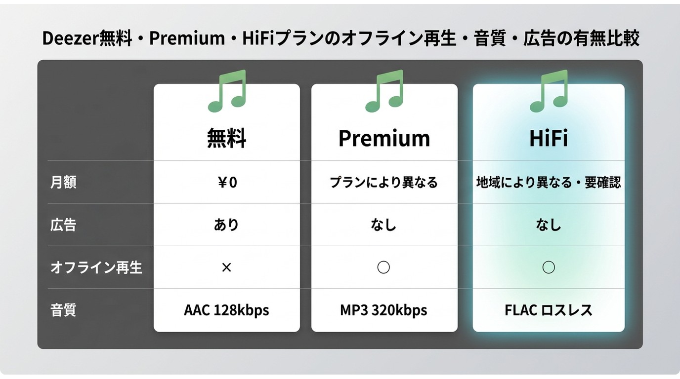 Deezer無料・Premium・HiFiプランのオフライン再生・音質・広告の有無比較