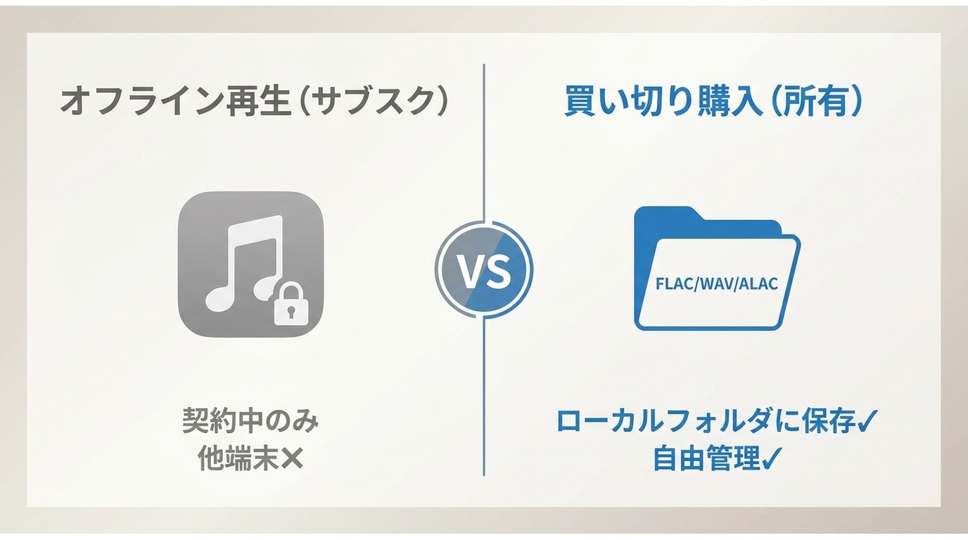 Qobuzオフライン再生(サブスク一時保存)と買い切り購入(ファイル所有)の仕組みと制限の違い