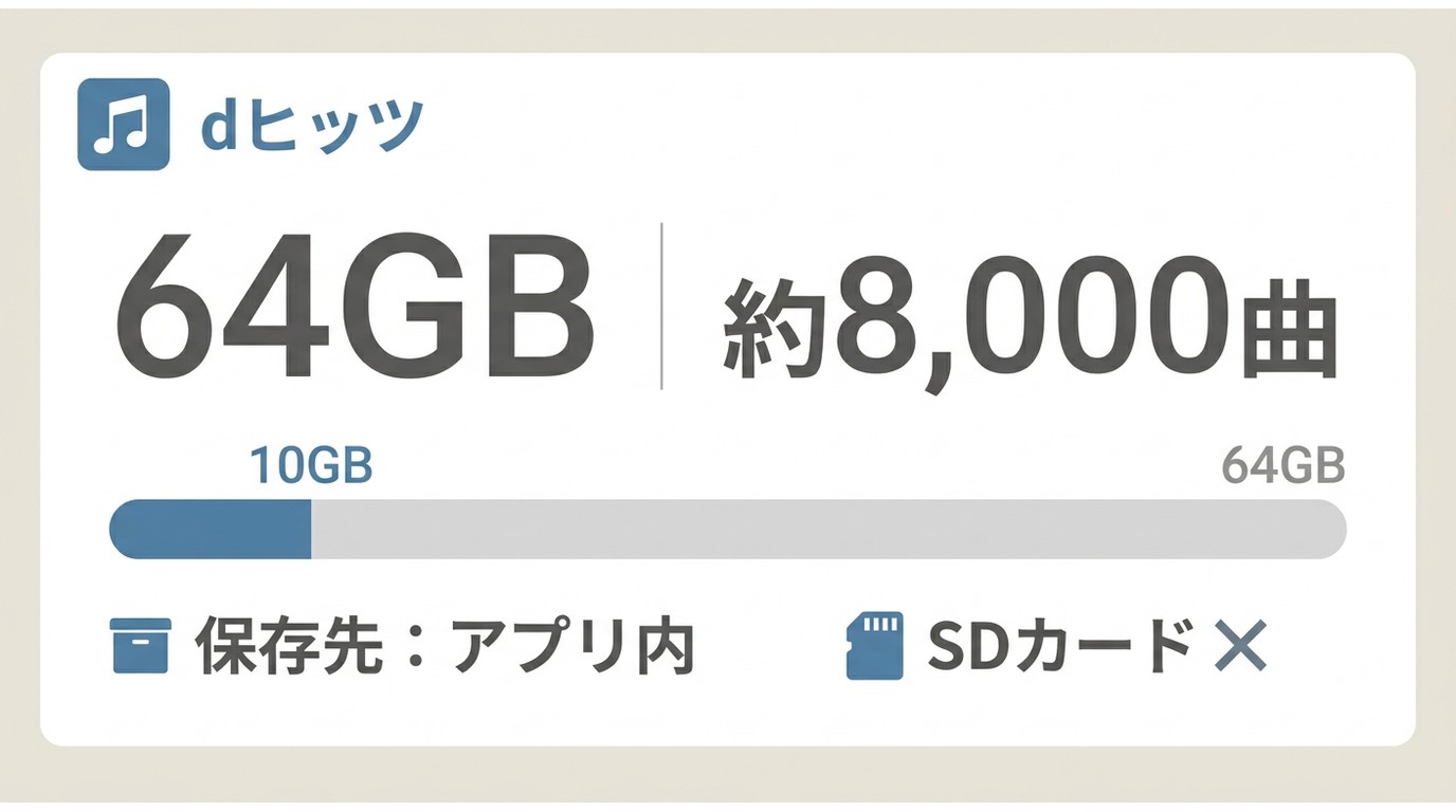 dヒッツアプリのキャッシュ容量設定画面。最大64GB・約8,000曲まで設定可能